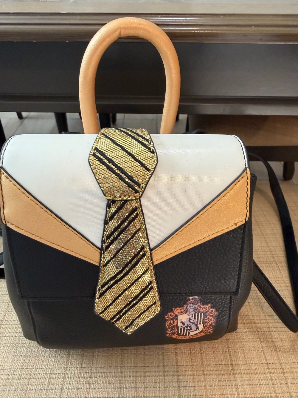 Black, White & Tan Men's Top-Handle Crossbody Bag with Gold Accent